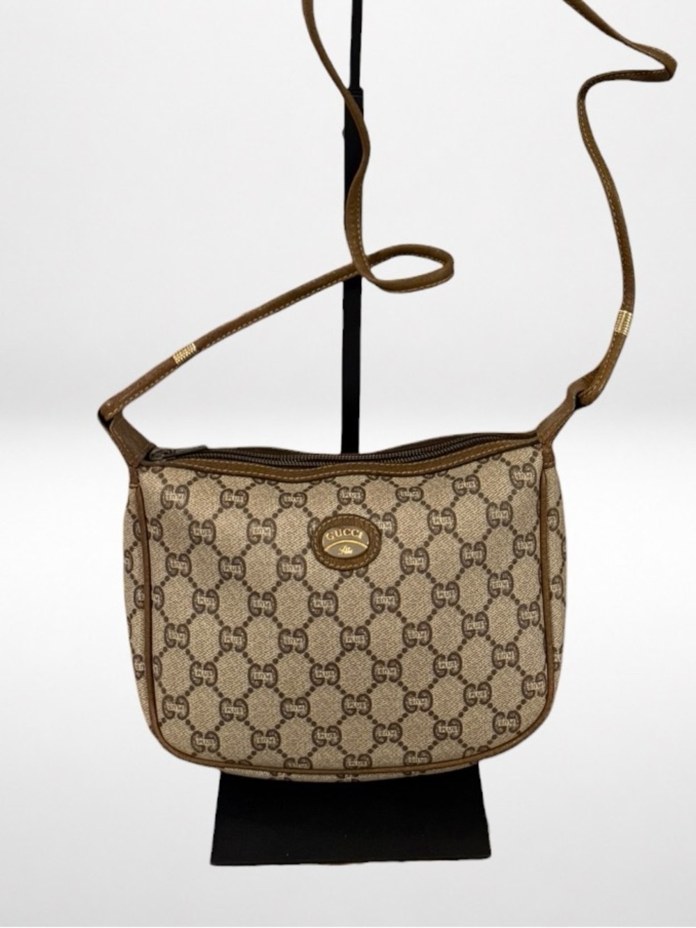Gucci Plus GG Monogram Crossbody Bag Brown PVC Coated Canvas Vintage Zip Purse